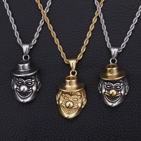 Horror Clown Pendant Necklace Stainless Steel Hip Hop Joker Head Jewelry For Men Women
