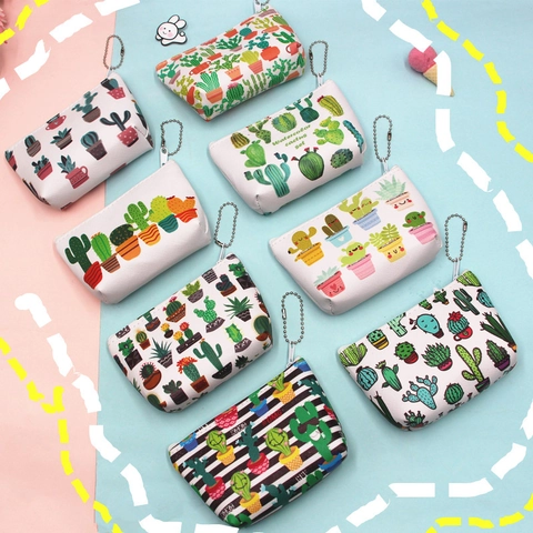 Cactus Print PU Leather Coin Purse Mini Zipper Storage Bag With Bead Chain Hook Cartoon Wallet For Keys Earphones