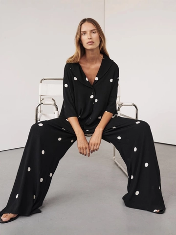 Polka Dot Print Kurzarm Hemd Und Weite Hose Chiffon Elegant Lässig Loungewear Für Damen
