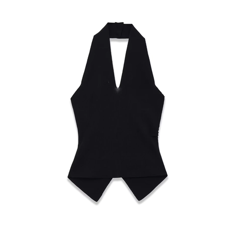 Canotta Halter Collo Maglia A Costine Slim Fit Scollo A V Profondo Arricciato Bottone Frontale Chic Casual Donne Canottiera