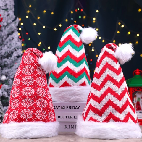 Christmas Hat Knit Plush Velvet Plaid Snowflake Pattern Festive Party Headwear For Adults And Kids