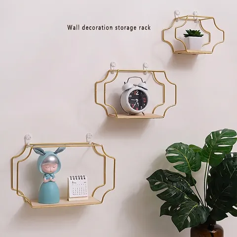 Nordic Wall Mounted Floating Shelf Iron Wood Geometric Wave Decorative Storage Organizer For Living Room Bathroom Kitchen