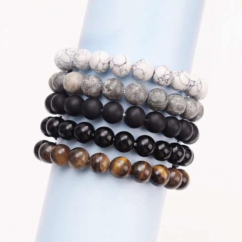 Natural Stone Beaded Bracelet Tiger Eye Hematite White Turquoise Chakra Yoga Healing Meditation Rotatable Metal Wave Jewelry For Men