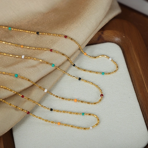 Minimalist Titanium Steel Gold Plated Necklace For Women Multi Color Drip Glaze Enamel Beads Chain Fashion Commuter Jewelry Gift