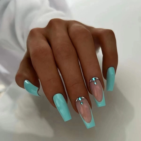 Uñas Postizas Press On Coffin Azul Lago Color Sólido Con Diamantes De Imitación French Tips Uñas Artificiales Moda