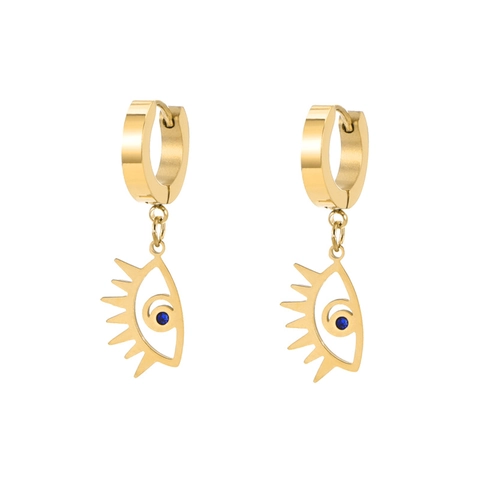 Stainless Steel Hoop Earrings With Evil Eye Pendant Blue Zircon Inlaid Hypoallergenic Luxury Jewelry For Women