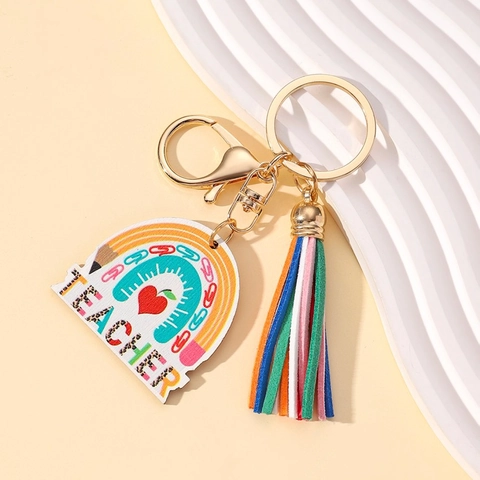 Teacher Appreciation Keychain Rainbow Wooden Plaque Multicolor Leather Tassel Keychain Creative Gift For Teacher Jewelry Pendant