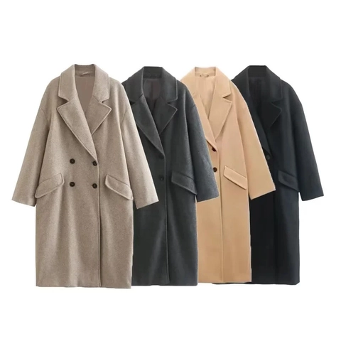 Dames Wollen Jas Double Breasted Lange Trenchcoat Reverskraag Losse Pasvorm Casual Elegant Effen Bovenkleding