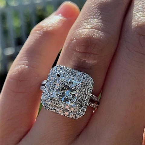 Square Princess Cut Cubic Zirconia Ring Double Halo White Gold Plated Geometric Fashion Jewelry For Women