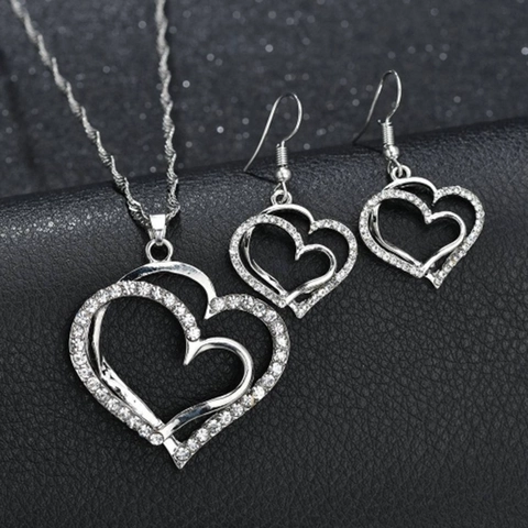 Herz Halskette Ohrringe Schmuckset Legierung Strass Doppeltes Hohles Herz Design Für Frauen Elegant Funkelnd