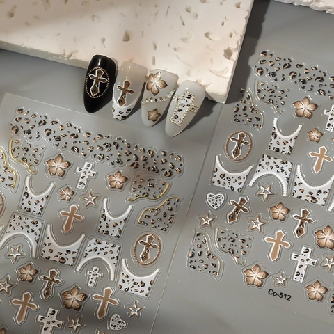 5D Relief Nagelsticker Retro Punk Leopard Cross Star Blumenmuster Wasserdicht Selbstklebend DIY Maniküre