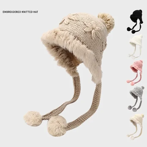 Bonnet D'hiver Tricoté Pour Femme Avec Protège-Oreilles Bordure En Fausse Fourrure Pompons Doublure Peluche Épaisse