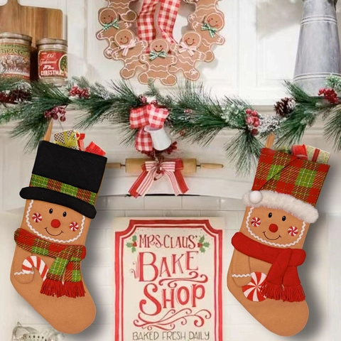 Weihnachtsstrumpf Lebkuchenmann Hängende Geschenkbeutel Filz Polyester Stoff Feiertag Kamin Ornament Festliches Dekor