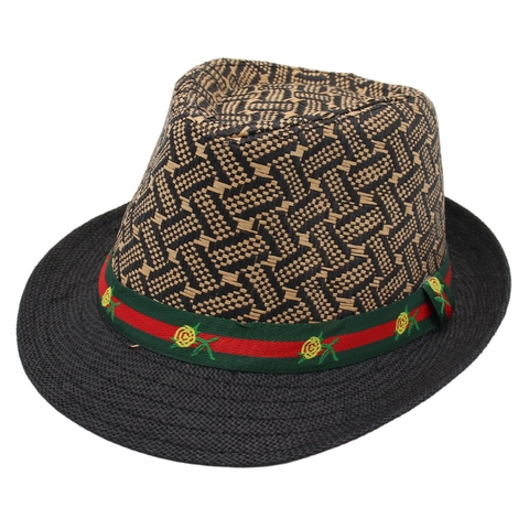 Cappello Fedora In Paglia Intrecciata Traspirante Parasole Spiaggia Estate Vintage Jazz Cap Con Nastro A Righe E Ricamo