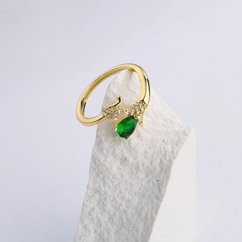 Koperen Echt Vergulde Groene Zirkoon Open Ring Geometrische Vintage Luxe Verstelbare Vinger Juwelen Voor Vrouwen