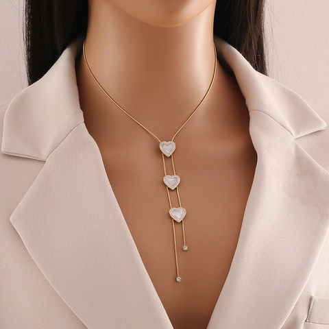 Collana E Orecchini A Cuore Gioielli Acciaio Inossidabile Placcato Oro Strass Conchiglia Bianca Stile Per Donne