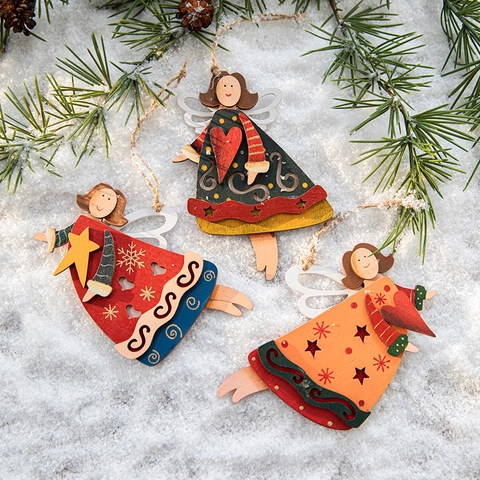 Ornamenti Appesi Angelo Di Natale Legno Dipinto Stelle Cuori Intagliati Decorazione Albero Festivo Stile Nordico Pendenti