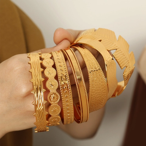 Roestvrijstalen Open Armring Voor Dames Verstelbaar Bladtextuur Ster Gegraveerd Geometrische Mode Sieraden