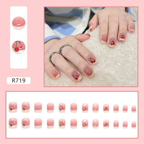 Press On Nails French Tip Kirschmuster Rosa Verlauf Kurz Quadratisch Rund Glänzende Künstliche Nägel