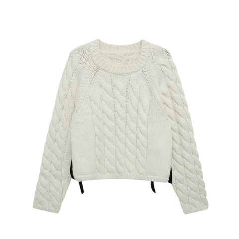 Dames Cropped Kabeltrui Ronde Hals Lange Mouwen Casual Elegant Crèmewit Gebreide Trui Met Satijnn Lintstrikken