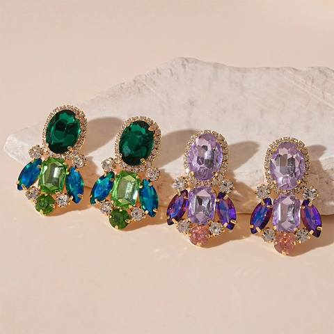 Retro Luxury Geometric Rhinestone Drop Earrings With Silver Earring Post Colorful Zircon Vintage Jewelry For Women