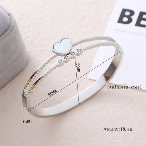 Brazalete De Acero Inoxidable Con Nácar Corazón Incrustación De Circón Chapado En Oro Puño Abierto Joyería Moda Mujer