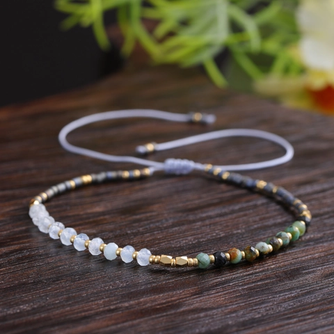Perlenarmband Naturtürkis Mondstein Handgefertigt Verstellbar Geflochtene Kordel Boho Strand Schmuck