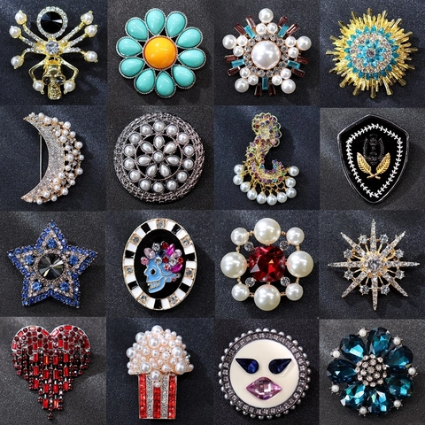 Vintage Alloy Brooch Pin Rhinestone Crystal Faux Artificial Pearl Flower Heart Luxury Suit Accessory For Women Fashion Jewelry