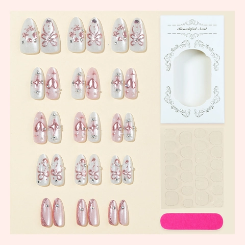Uñas Postizas Hechas A Mano Efecto Ojo De Gato Diamantes De Imitación Mariposa Corazón Diseño Rosa Brillante Blanco Perla Artificial