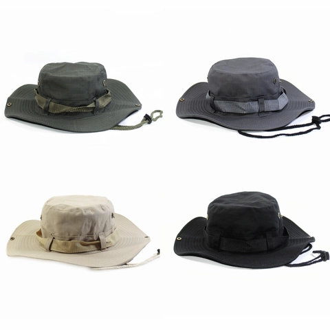 Boonie Hat Outdoor Polyester Wide Brim Sun Protection Breathable Tactical Fishing Hiking Cap With Adjustable Wind Rope