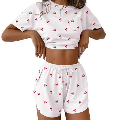 Women Short Sleeve Crop Top And Drawstring Shorts Casual Summer Loungewear Printed Polyester Spandex