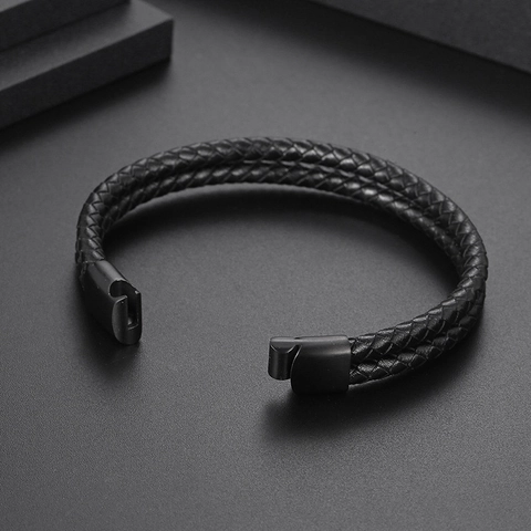 Bracelet En Cuir Tressé À Double Brin Pour Hommes Vintage Acier Inoxydable Fermoir Magnétique Bijoux Rétro