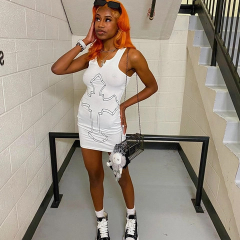 Sleeveless Mini Dress Ribbed Knit Cross Print Hollow Out Streetwear Gothic White Sexy Bodycon Slim Fit Casual Fashion