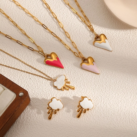 Collana Con Pendente A Cuore E Nuvola Per Donna Acciaio Inossidabile Placcato Oro 18K Smalto Gioielli Eleganti