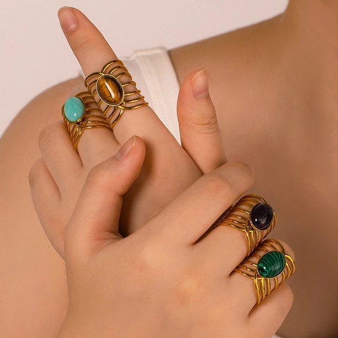 Vintage Mehrschichtige Holle Ringe Edelstahl Mit Türkis Malachit Edelstein Verstellbarer Schmuck Für Frauen