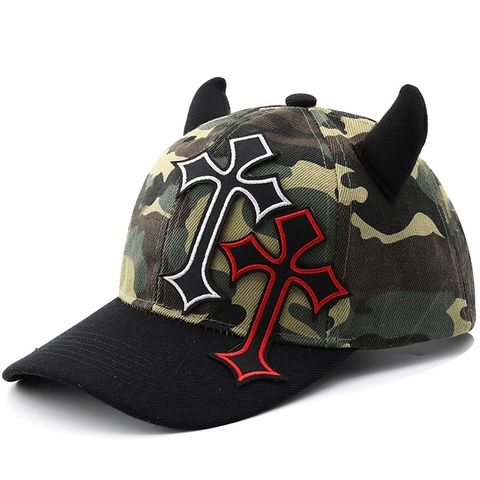 Cappello Da Baseball Mimetico Con Corna Da Diavolo Ricamo A Croce Gotica Cotone Regolabile Stile Punk Unisex