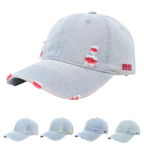 Casquette De Baseball En Jean Vintage Distressed Tattered Design Trou Broderie 1999 Ajustable Streetwear Unisexe
