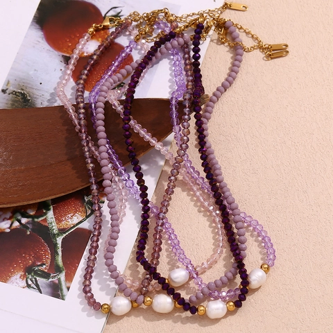 Handgefertigte Süßwasserperlen Halskette Edelstahl Violett Kristall Perlenkette Mode Geometrischer Schmuck Damen