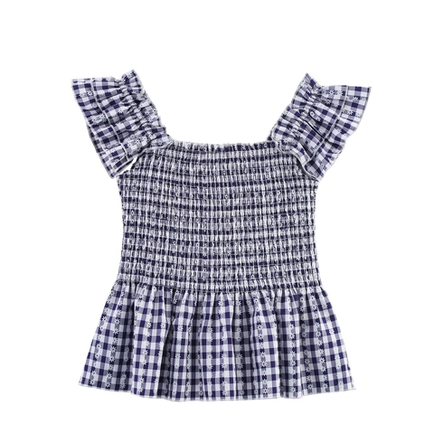 Dames Gingham Madeliefje Bloemen Gesmokte Peplum Tanktop Vierkante Hals Rufflemouw Zoet Vers Polyester Hemdje