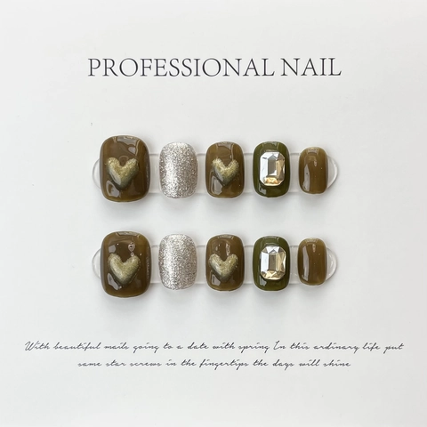 Handmade Press On Nails With 3D Gold Heart Relief And Large Rhinestones Short Round Dark Olive Green Luxury Style