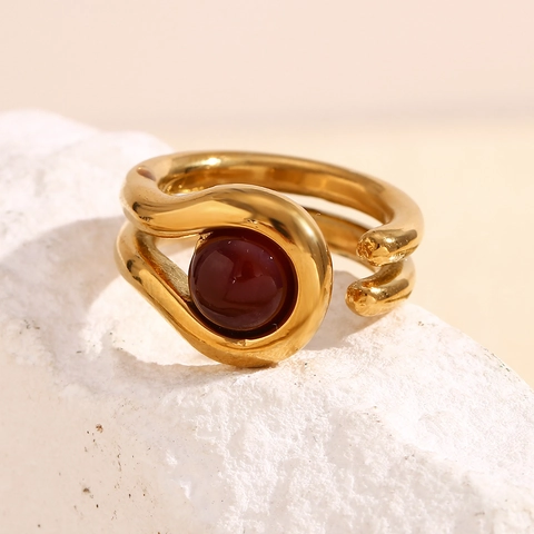 Women Double Layer Open Ring 18K Gold Plated Stainless Steel Red Stone Geometric Retro Adjustable Jewelry