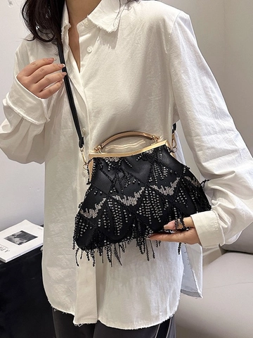 Borsa Da Sera Vintage Con Paillettes Perline E Nappe Manico In Metallo Chiusura A Scatto Pochette Da Festa Per Donna