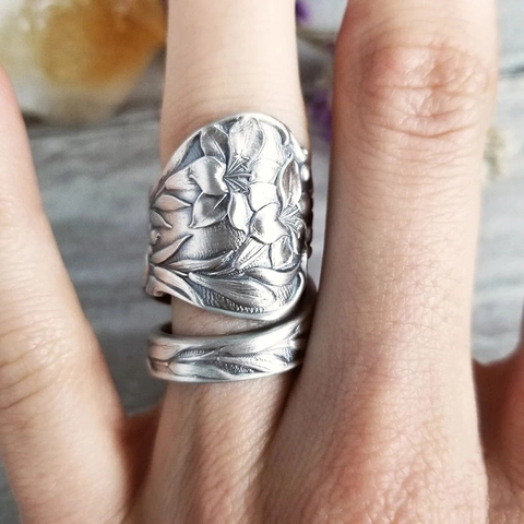 Anillo Abierto Flores Vintage Aleación Ajustable Peonía Estilo Cuchara Plata Oxidada Joyería Mujer