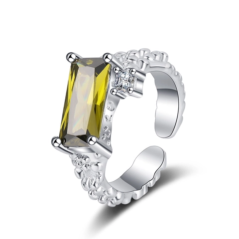 Adjustable Finger Ring Copper Silver Plated Rectangular Zircon Gemstone Textured Irregular Design Vintage Style Women