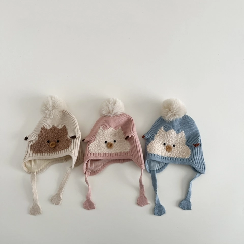 Bonnet En Tricot Pour Bébé Avec Oreillettes Chaud Hiver Coupe-Vent Pompon Motif Animal Dessin Animé