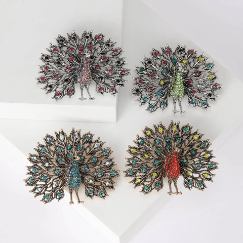 Peacock Brooch Alloy Rhinestone Sparkling Gemstone Antique Vintage Style Animal Shape Pin Accessories For Women
