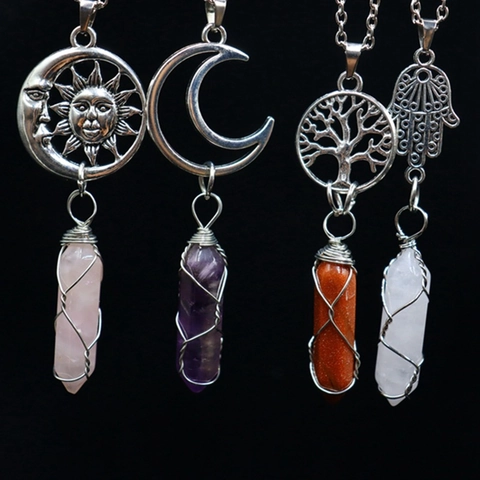 Vintage Alloy Crystal Hexagonal Column Pendant Necklace Moon Sun Tree Of Life Wire Wrapped Natural Stone Jewelry For Women