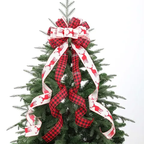 Grande Fiocco Per Punta Albero Di Natale Iuta Velluto Quadri Motivo Renna Decorazione Natalizia Lunghi Nastri