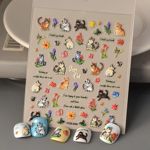 5D Embossed Nail Art Stickers Cute Cartoon Cat Floral Design Waterproof Self Adhesive Manicure Decoration For Women