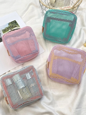 Mini Mesh Cosmetic Bag Square Dopamine Color Portable Lipstick Storage Pouch Travel Makeup Organizer Large Zipper Puller Women